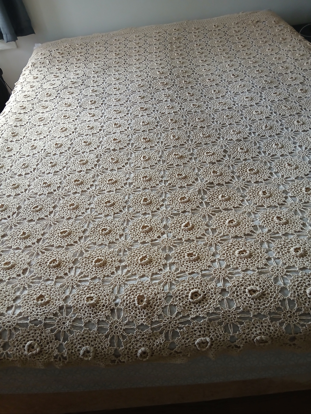 Crochet Bedspread Coverlet Blanket Cream Color Raised Flower Detail